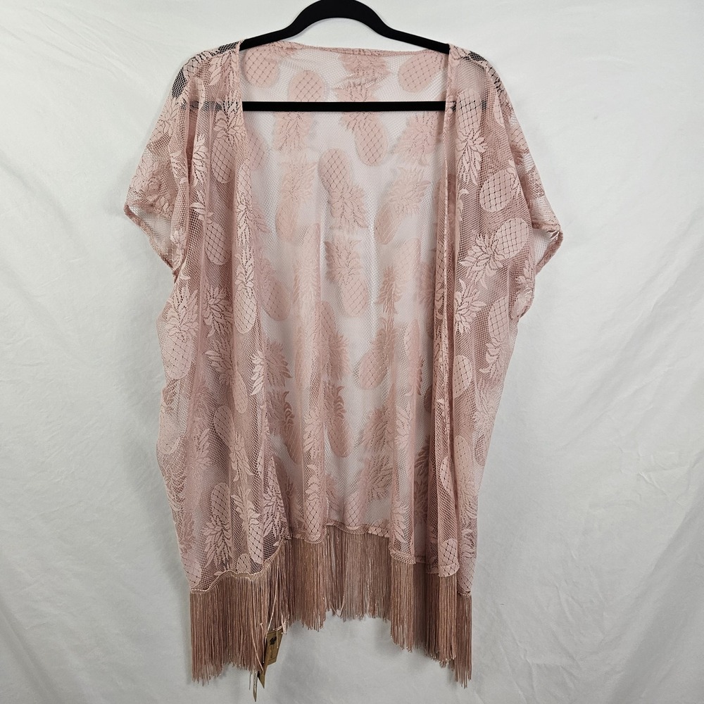 Boho Festival Kimono Fringed Cardigan Cover Up Beach Pineapples Pink Lace Gypsy